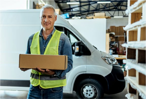 White male warehouse worker carrying box with delivery truck behind him